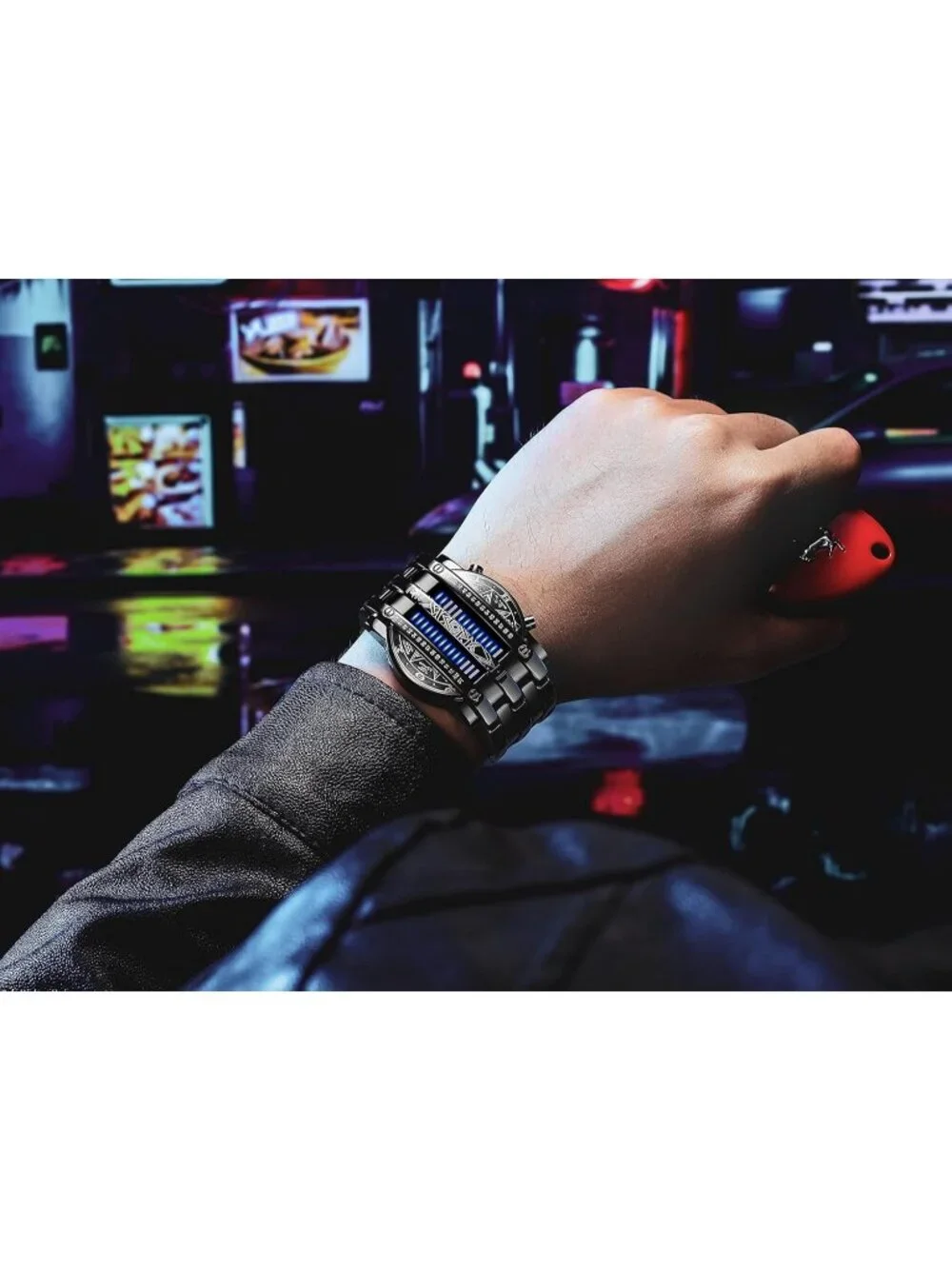 Men's All Black Analog Quartz Lava Style Stainless Steel Bracelet Digital Watch